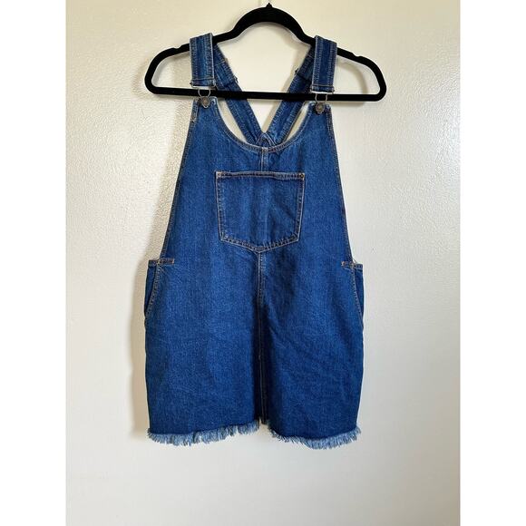 Women's Forever 21 Denim Dark Wash Jean Jumper Overall Bibs Mini Dress Pockets M - Picture 1 of 6